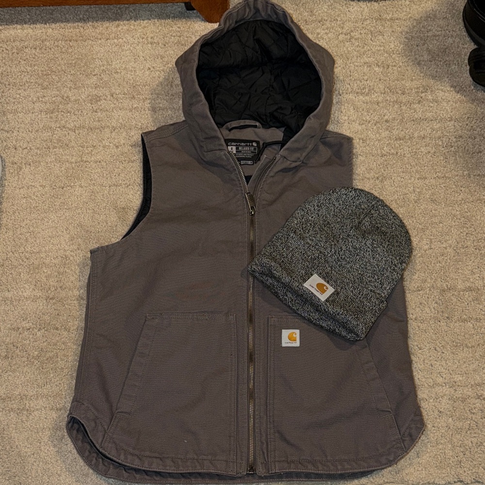 Carhartt Gray Hooded Vest and Beanie Bundle